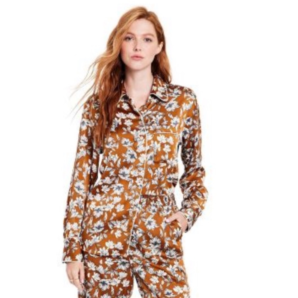 La Ligne x Target Blouse Medium Floral Button Front Long Sleeves Brown Print NWT
